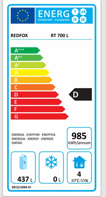 REDFOX RT 700 L  SKŘÍŇ CHLADÍCÍ, LEDNICE NEREZOVÁ - energetický štítek