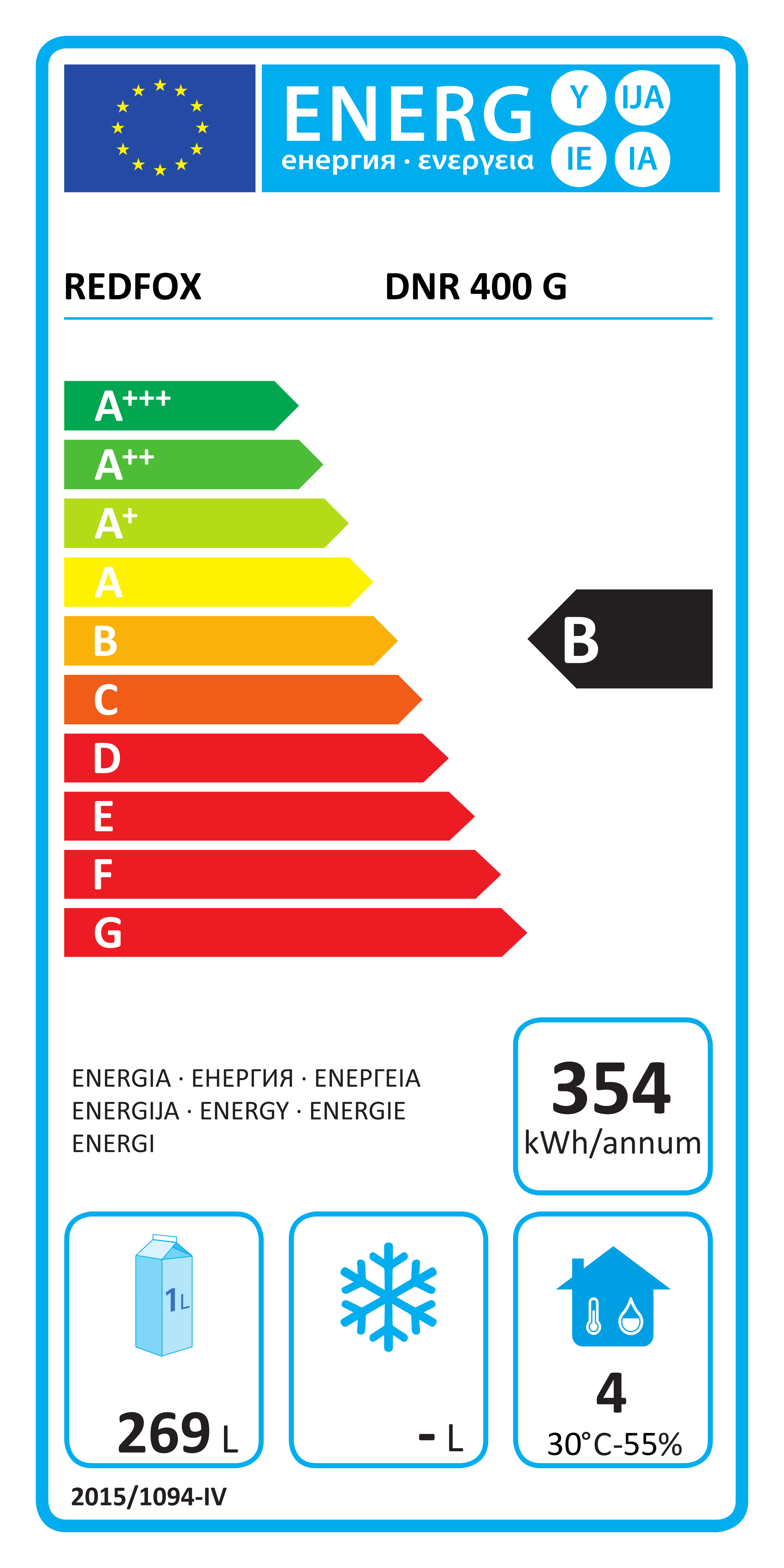 REDFOX DNR 400/G, PROSKLENÁ SKŘÍŇ CHLADÍCÍ BÍLÁ, LEDNICE, CHLADNIČKA - energetický štítek