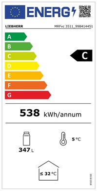 LIEBHERR MRFvc 3511 CHLADNIČKA PROSKLENÁ BÍLÁ 347 l. - dynamické chlazení, VITRÍNA - energetický štítek