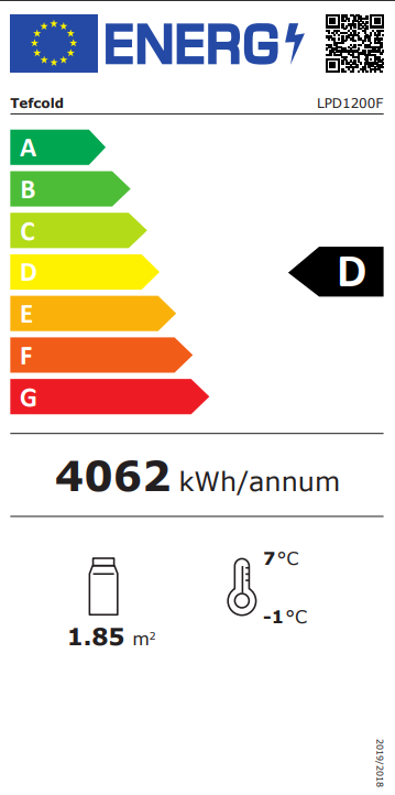 TEFCOLD LPD 1500 F BLACK , CUKRÁŘSKÁ VITRÍNA CHLADÍCÍ S VENTILÁTORY, DYNAMICKÉ CHLAZENÍ - energetický štítek