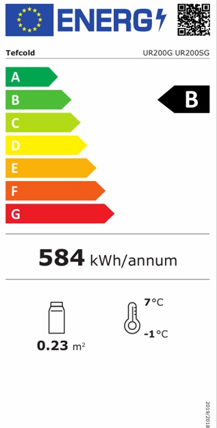 TEFCOLD UR 200 SG, SKŘÍŇ CHLADÍCÍ, LEDNICE NEREZ, CHLADNIČKA PROSKLENÉ DVEŘE - energetický štítek