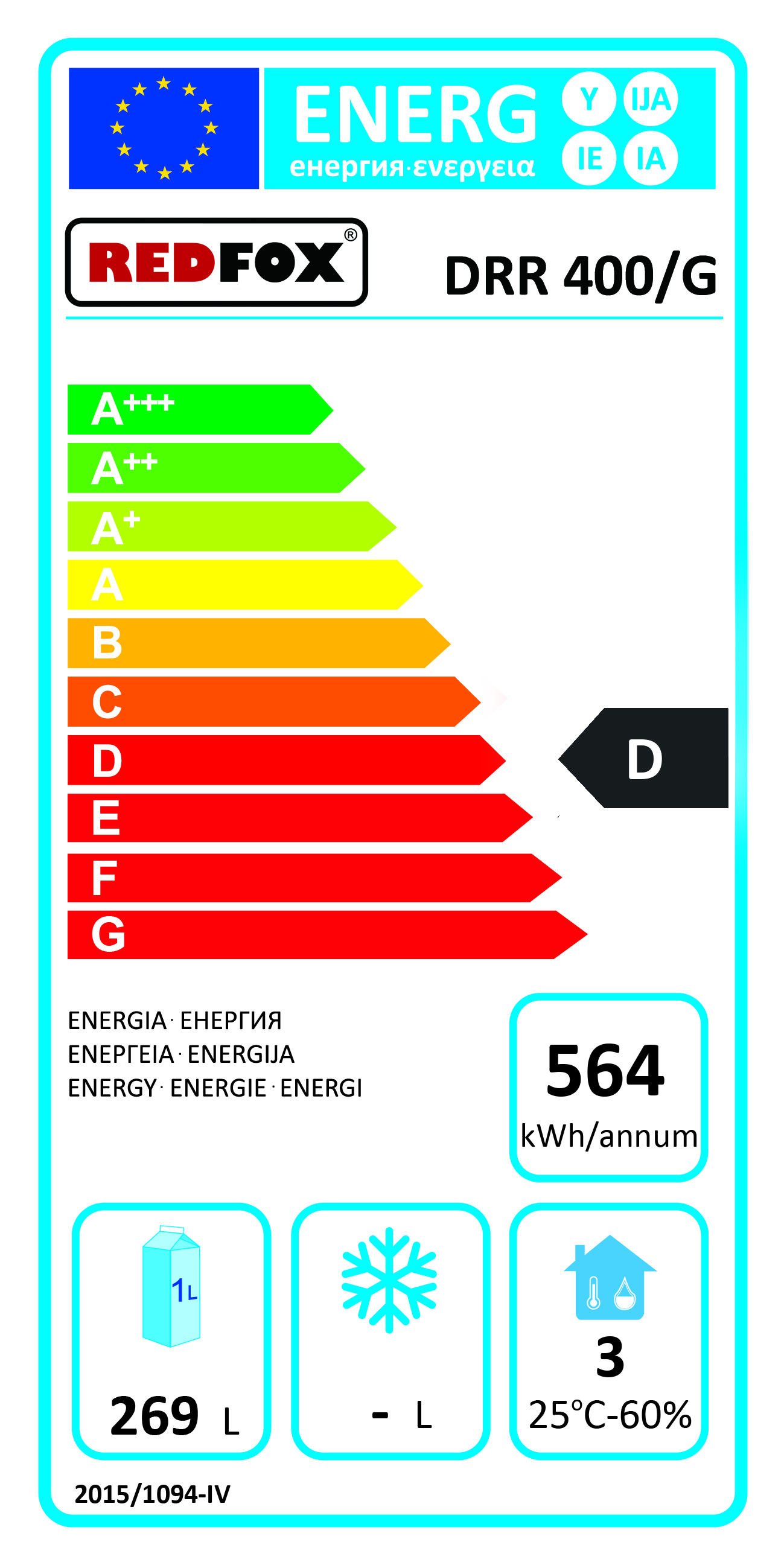 REDFOX DRR 400 G, PROSKLENÁ NEREZ SKŘÍŇ CHLADÍCÍ BÍLÁ, LEDNICE, CHLADNIČKA - energetický štítek