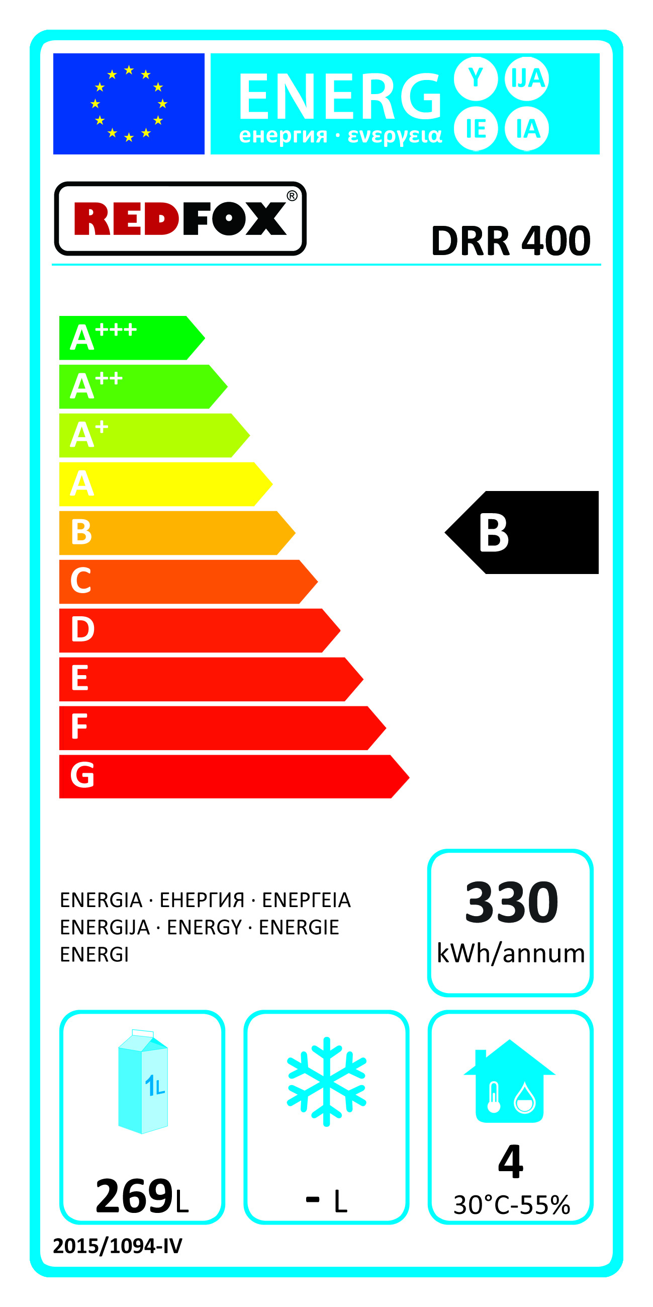 REDFOX DRR 400, SKŘÍŇ CHLADÍCÍ BÍLÁ, LEDNICE, CHLADNIČKA - energetický štítek